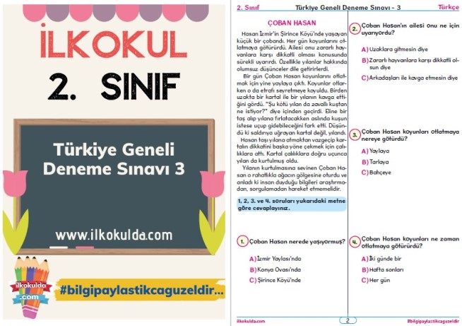 ilkokul 2. sınıf Türkiye geneli deneme sınavı - 3 PDF indir, çöz