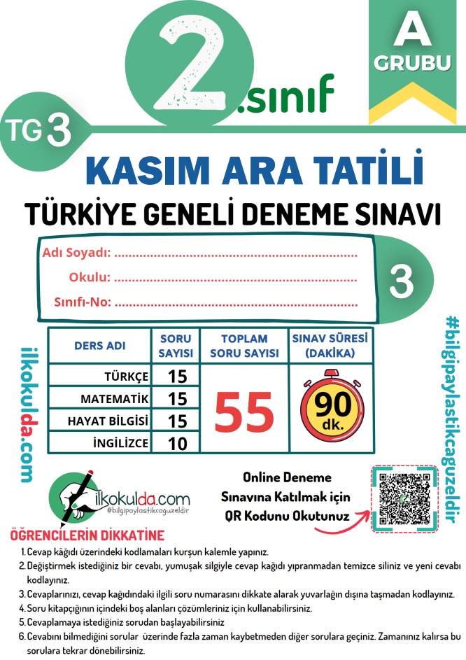 İlkokul 2. Sınıf Kasım Ara Tatili PDF-Online Deneme Sınavı  TG-3 2023-2024 Örnek Resmi