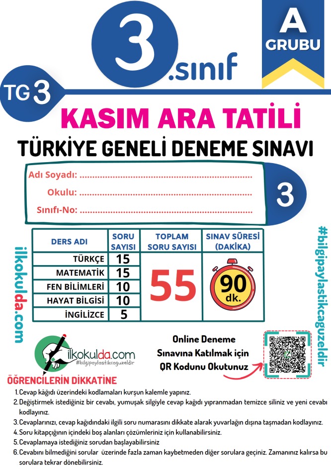 İlkokul 3. Sınıf Kasım Ara Tatili PDF-Online Deneme Sınavı  TG-3 2023-2024 Örnek Resmi